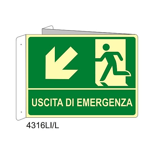 Uscita di emergenza freccia diagonale sinistra in basso - Alluminio - B - 160x210mm - Bifacciale a Libro - Luminescente