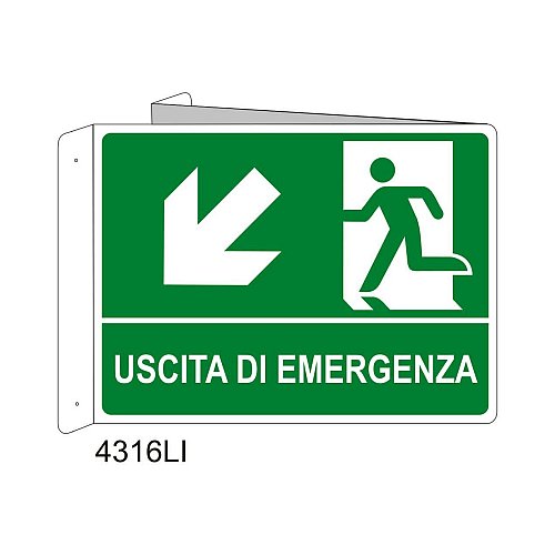 Uscita di emergenza freccia diagonale sinistra in basso - Alluminio - C - 230x310mm - Bifacciale a Libro - Non Luminescente