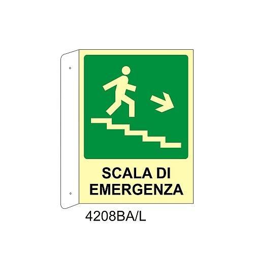Scala di emergenza basso destra - Alluminio - D - 370x500mm - Bifacciale a Bandiera - Luminescente