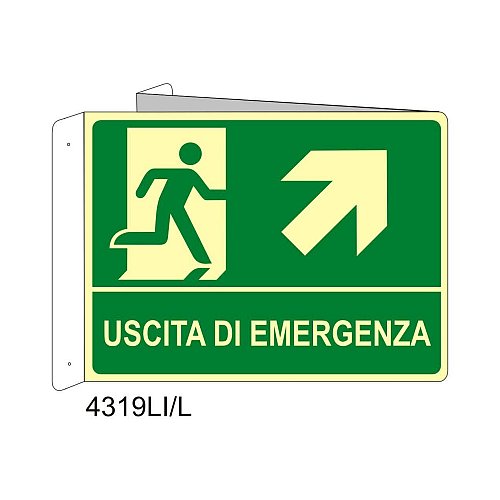 Uscita di emergenza freccia diagonale destra in alto - Alluminio - B - 160x210mm - Bifacciale a Libro - Luminescente