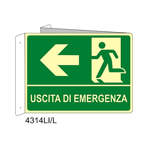 Uscita di emergenza freccia sinistra - Alluminio - B - 160x210mm - Bifacciale a Libro - Luminescente