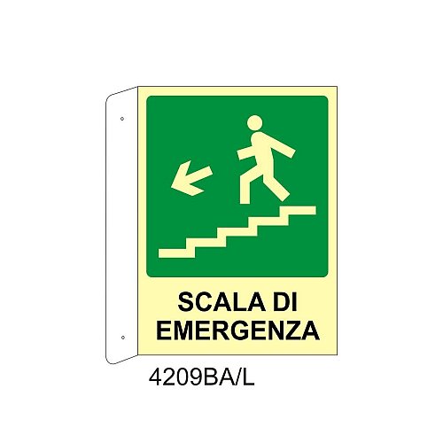 Scala di emergenza basso sinistra - Alluminio - B - 160x210mm - Bifacciale a Bandiera - Luminescente