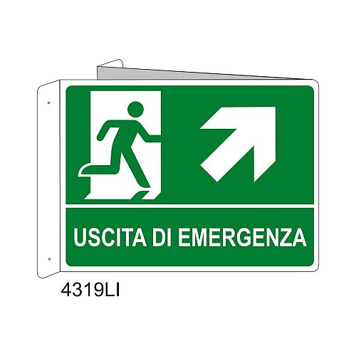 Uscita di emergenza freccia diagonale destra in alto - Alluminio - D - 370x500mm - Bifacciale a Libro - Non Luminescente