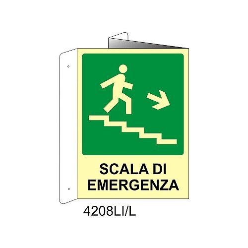 Scala di emergenza basso destra - Alluminio - C - 230x310mm - Bifacciale a Libro - Luminescente