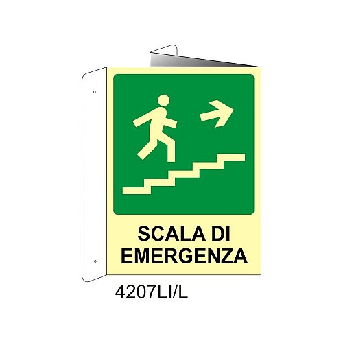 Scala di emergenza alto destra - Alluminio - D - 370x500mm - Bifacciale a Libro - Luminescente