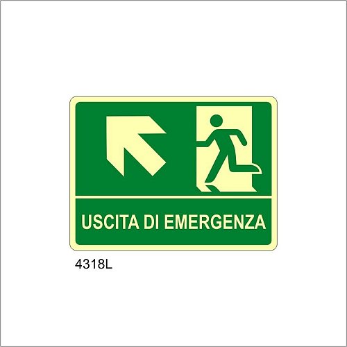 Uscita di emergenza freccia diagonale sinistra in alto Luminescente - B - Adesivo Luminescente - 160x210 mm - Conf 10 pz.