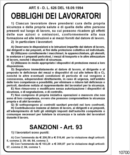 Obblighi dei lavoratori - A - Alluminio - 250x350 mm