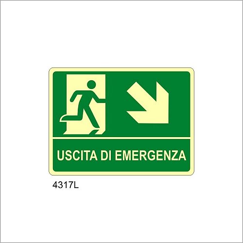 Uscita di emergenza freccia diagonale destra in basso Luminescente - D - Alluminio Luminescente - 370x500 mm