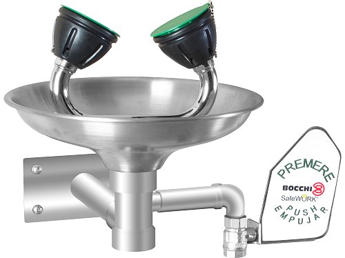 Lavaocchi a parete con vaschetta interamente in acciaio inox e apertura manuale