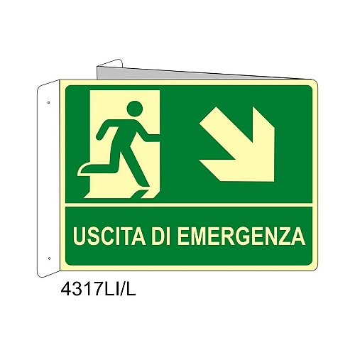 Uscita di emergenza freccia diagonale destra in basso - Alluminio - B - 160x210mm - Bifacciale a Libro - Luminescente