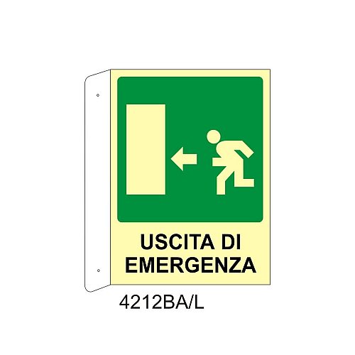 Uscita di emergenza sinistra - Alluminio - C - 230x310mm - Bifacciale a Bandiera - Luminescente