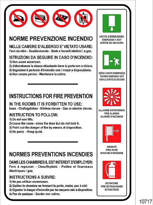 Condotta da tenere in caso di incendio - alberghi (3 lingue con simboli) - B - PVC adesivo - 250x350 mm - Conf 10 pz