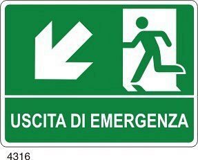 Uscita di emergenza freccia diagonale sinistra in basso - C - Alluminio 230x310 mm - Conf 10 pz.