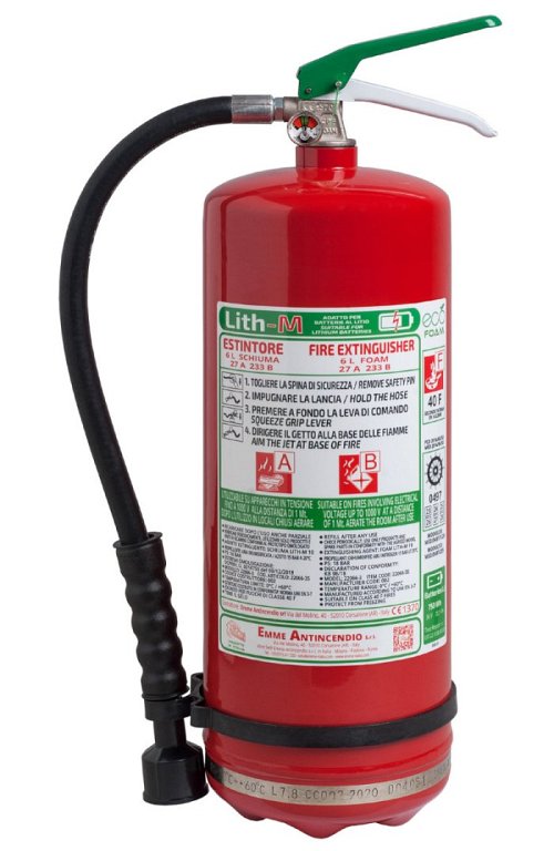 Estintore per batterie al litio a schiuma 6 lt. con involucro in acciaio inox