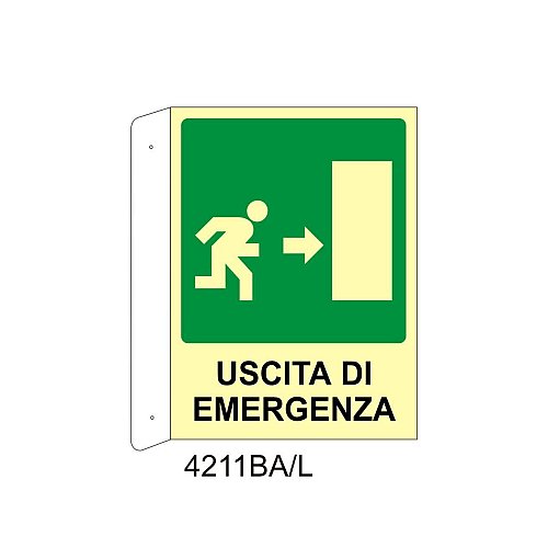 Uscita di emergenza destra - Alluminio - D - 370x500mm - Bifacciale a Bandiera - Luminescente