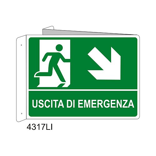 Uscita di emergenza freccia diagonale destra in basso - Alluminio - D - 370x500mm - Bifacciale a Bandiera - Luminescente