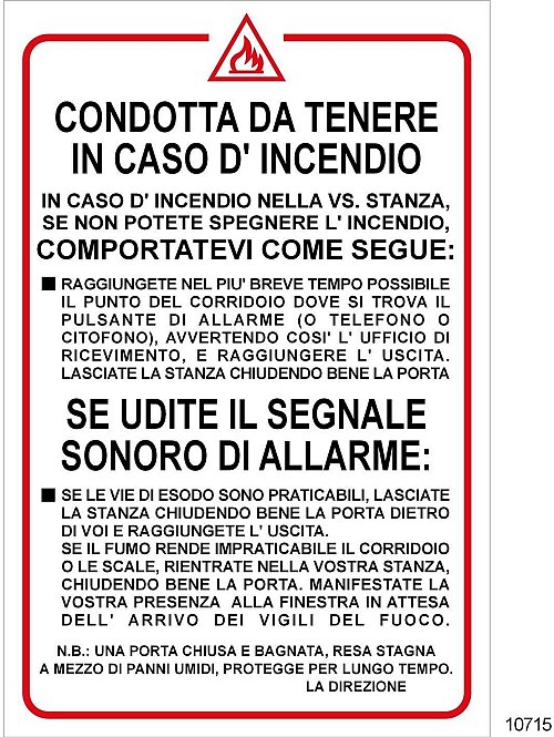 Condotta da tenere in caso di incendio - alberghi - A - PVC adesivo - 165x250 mm