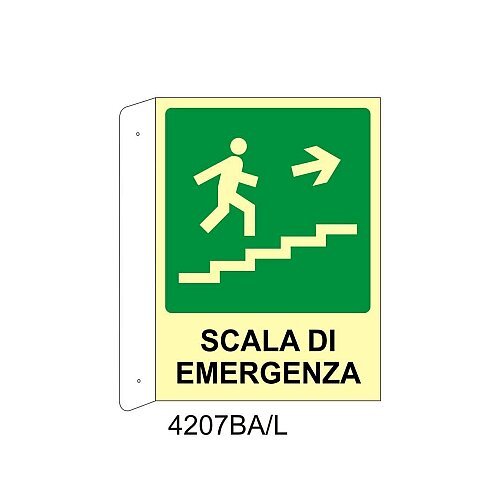 Scala di emergenza alto destra - Alluminio - C - 230x310mm - Bifacciale a Bandiera - Luminescente